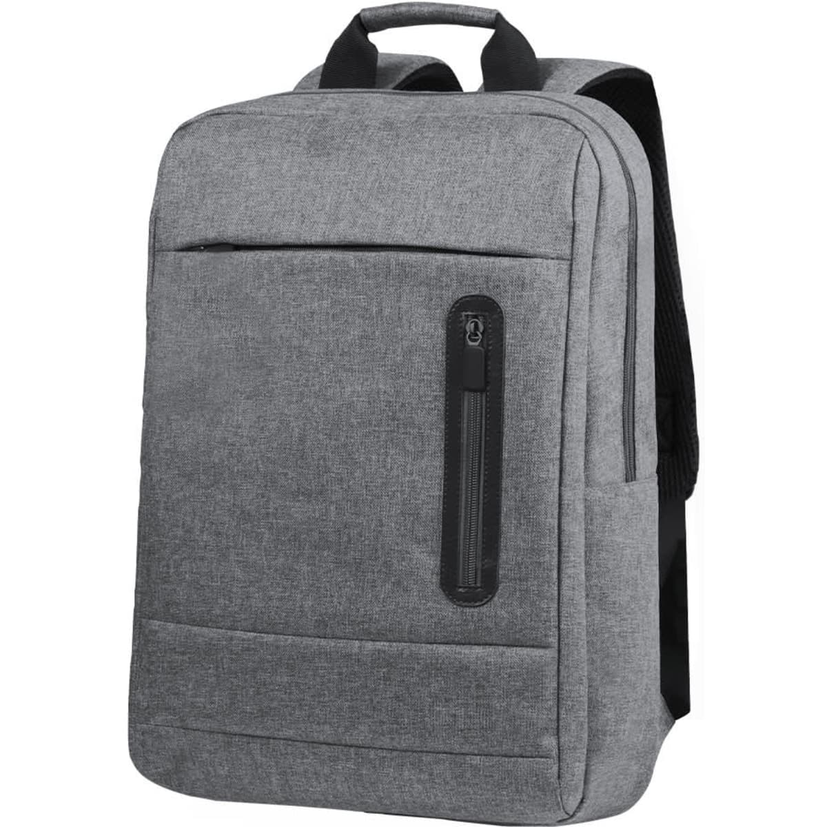 A grey backpack with a zippered front pocket and black straps, featuring a logo on the front.