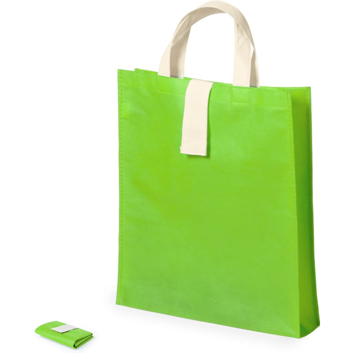 A bright green foldable bag with cream-coloured handles, accompanied by a compact folded version.