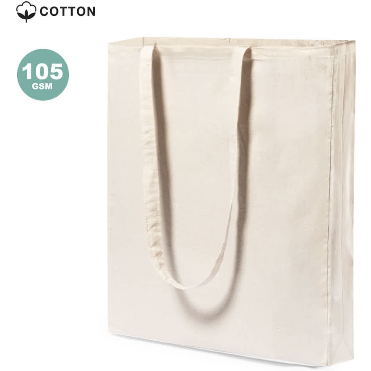 A plain cream tote bag made of cotton, featuring long handles and a simple design. It has a logo visible.