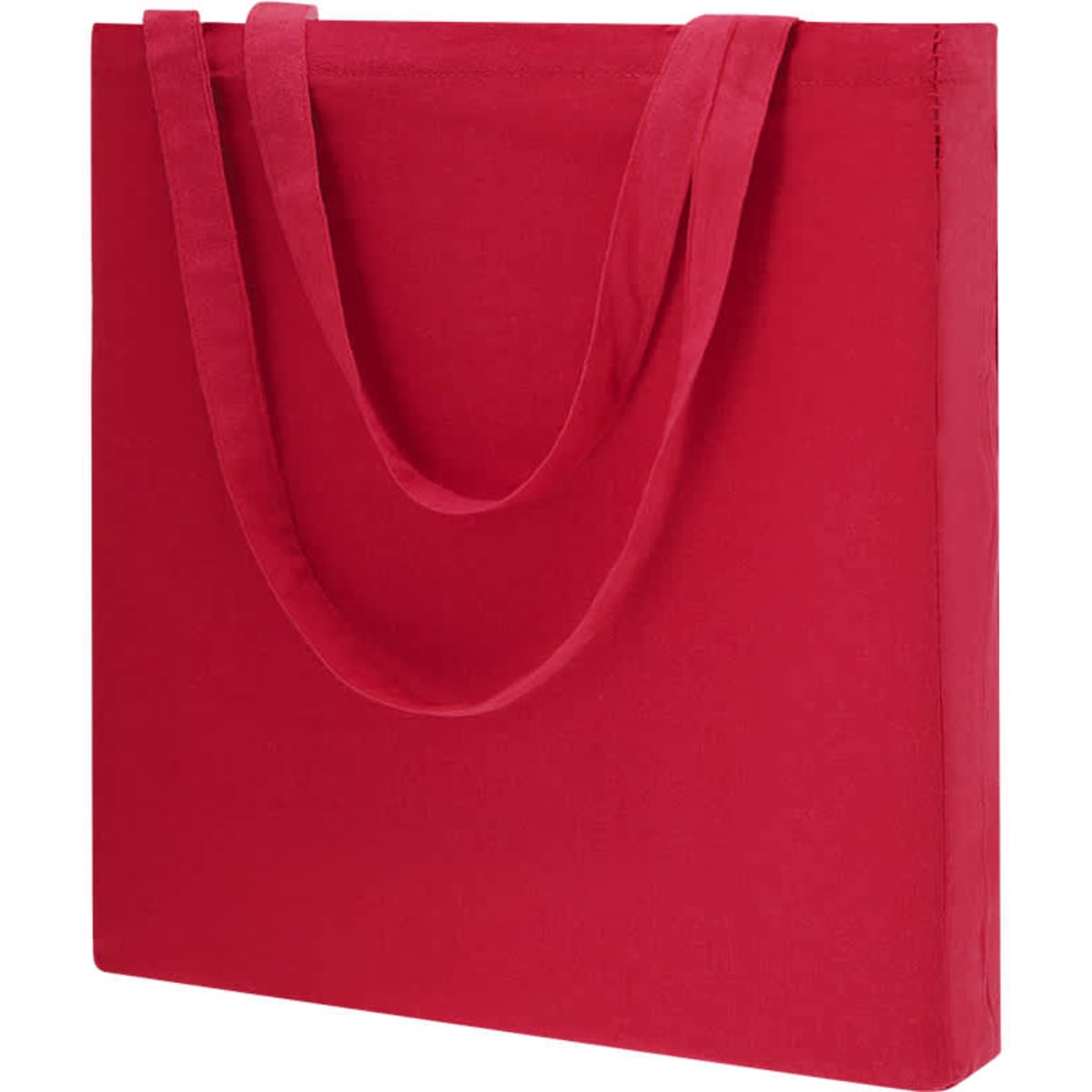 A red tote bag with two handles and a simple design. The bag has a solid canvas texture and includes a logo.