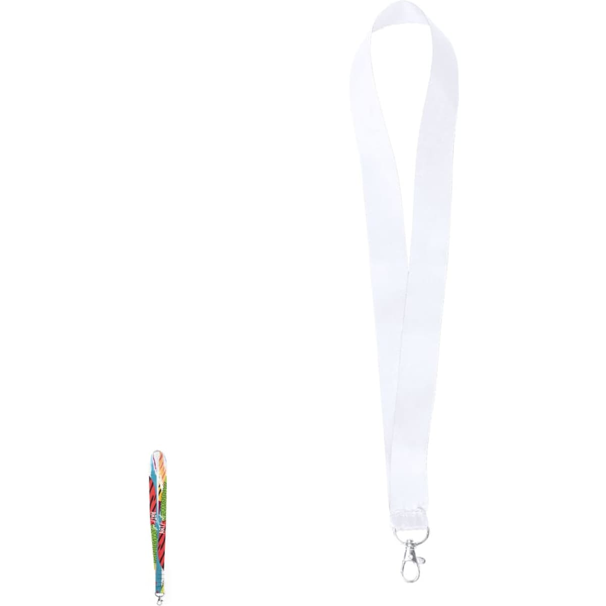 A white lanyard with a clip, featuring a vibrant, patterned lanyard on the left.