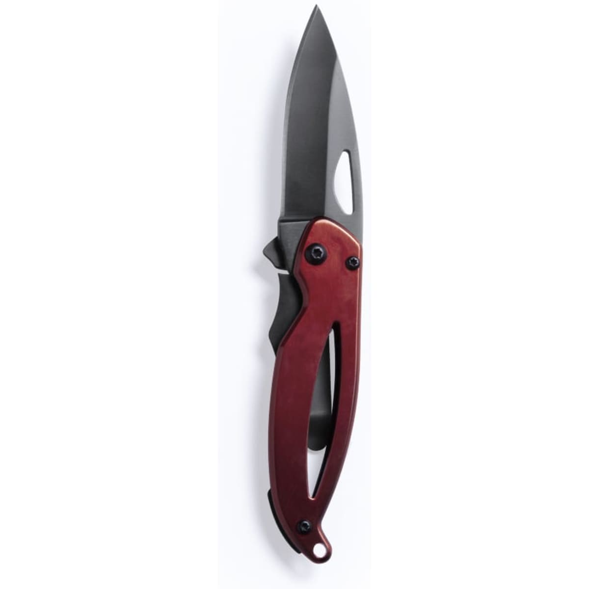A red multi-tool with a sleek design, featuring a black blade, and a built-in keyring attachment.