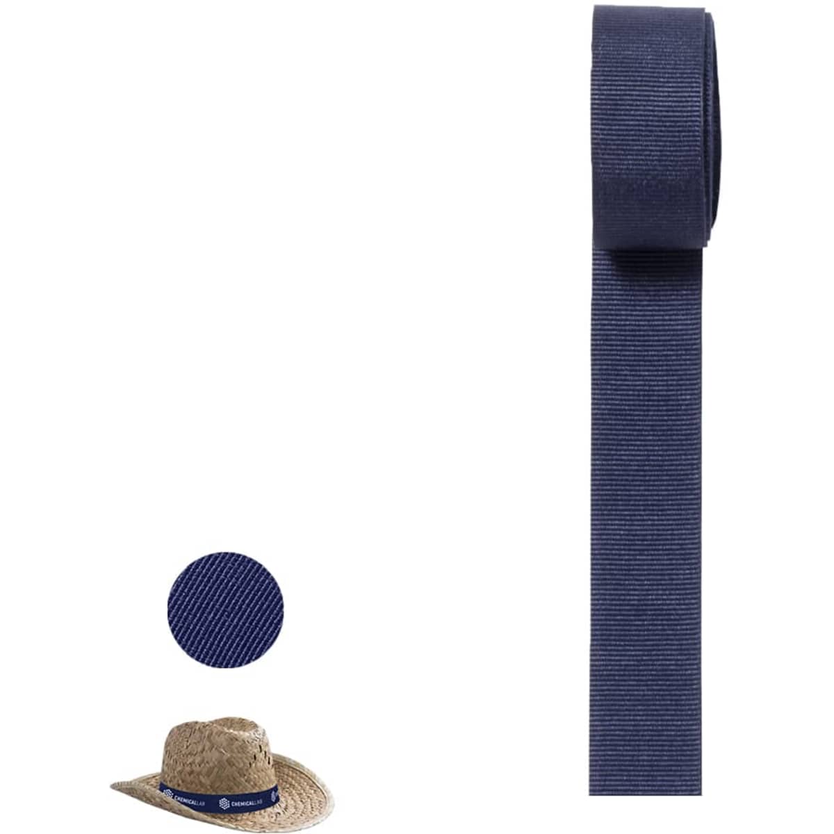 A navy blue polyester band, shown alongside a straw hat with a logo.