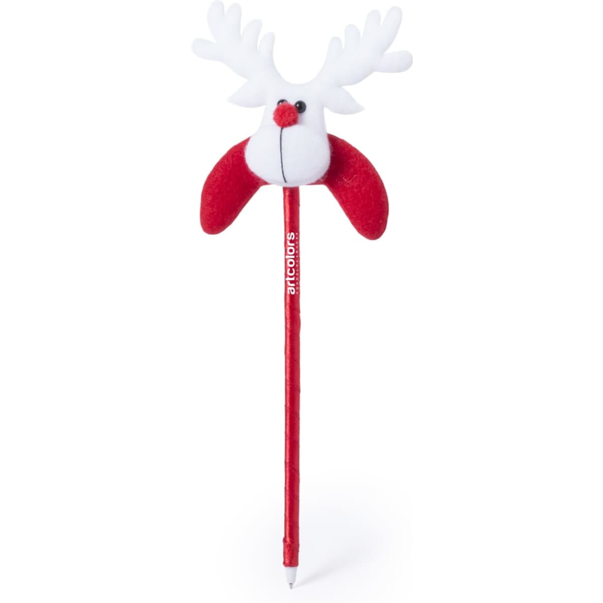 A red and white pen with a reindeer head featuring antlers and a red nose, standing on a flat surface.
