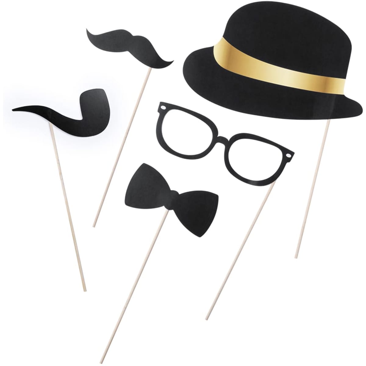 A set of black photo props including a moustache, hat, glasses, and bow tie on wooden sticks.