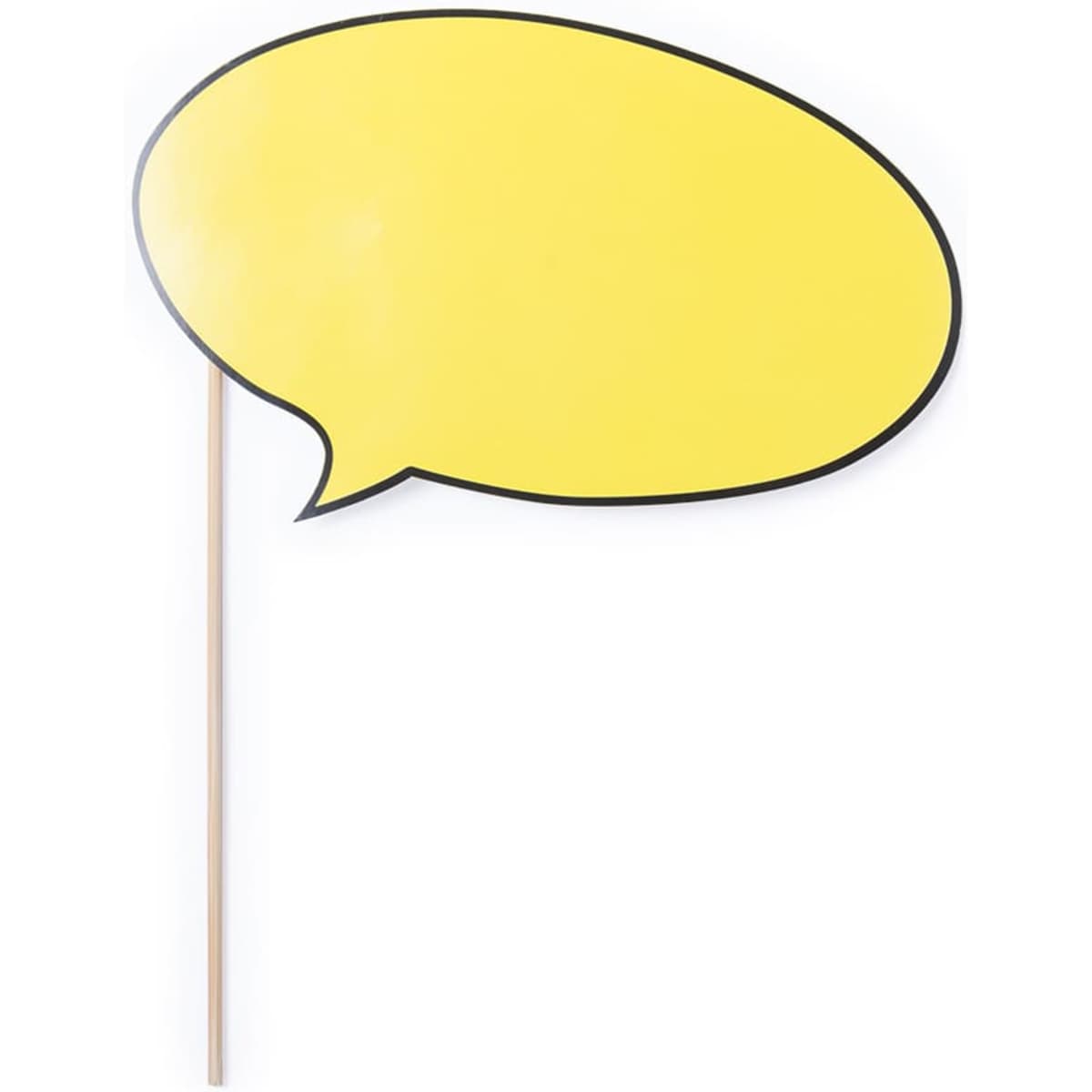 A yellow speech bubble sign on a wooden stick, featuring a black outline. Ideal for events and exhibitions.