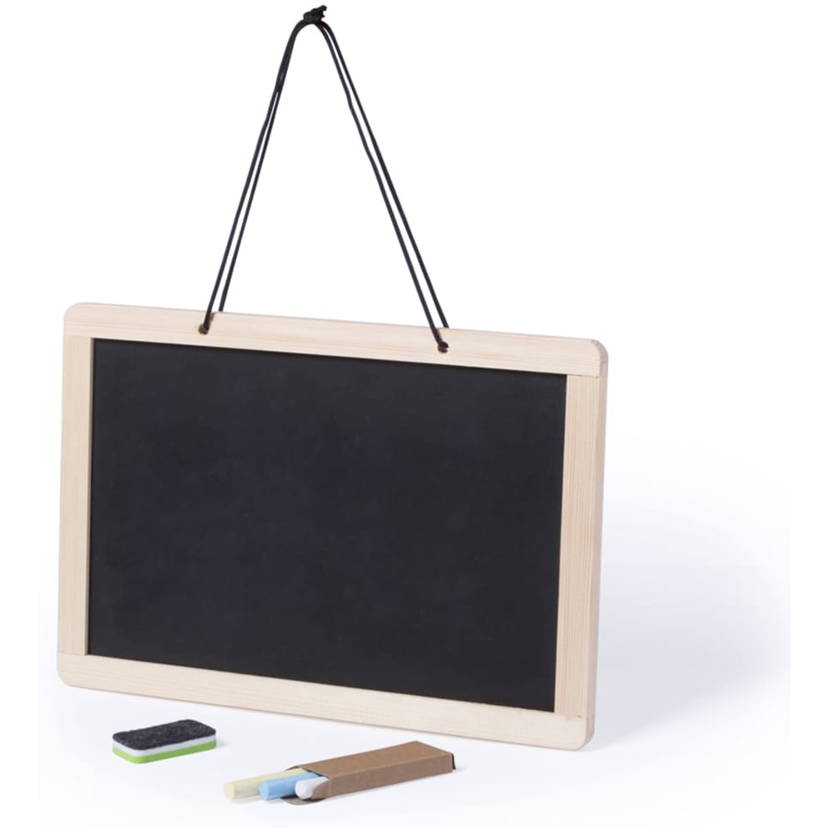 A black chalkboard with a wooden frame, hanging from a black cord, accompanied by chalk pieces and an eraser.