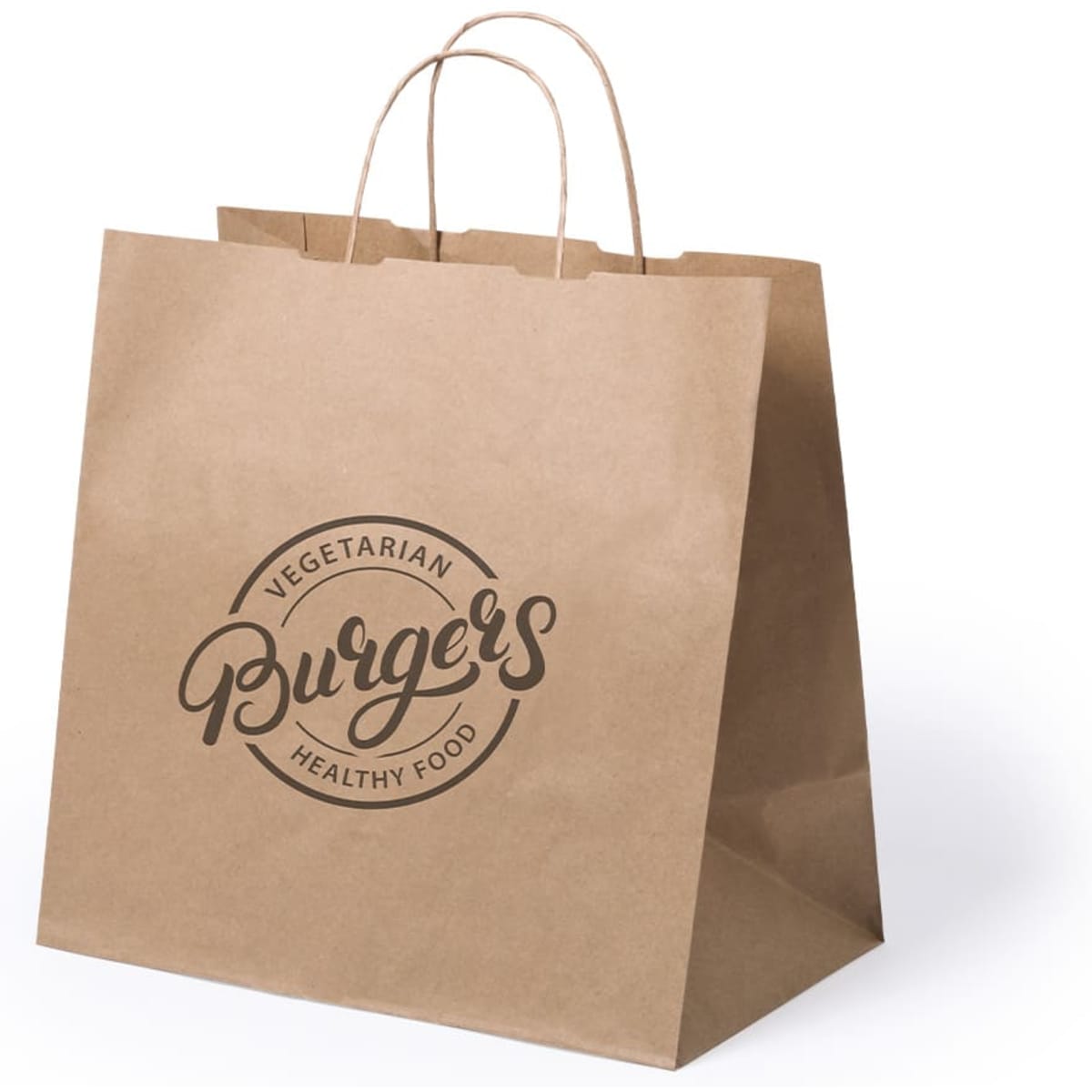 A brown paper bag with handles, featuring a logo for vegetarian burgers and healthy food.