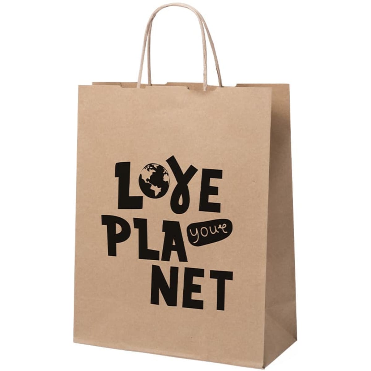 A kraft paper bag with a natural brown colour and black text, featuring a logo and a globe design.