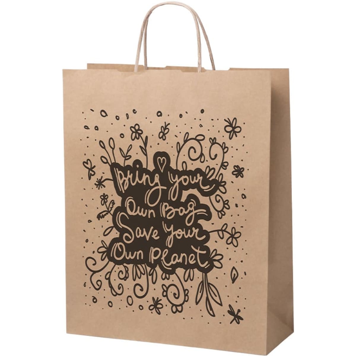 A brown paper bag with a black design featuring floral patterns and a message encouraging sustainability.
