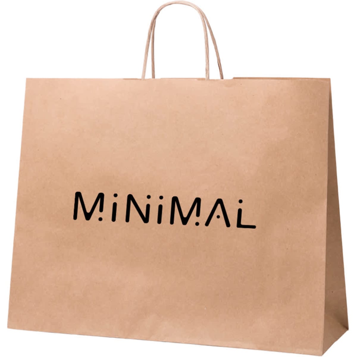 A large brown paper bag with minimalistic black branding and sturdy handles.