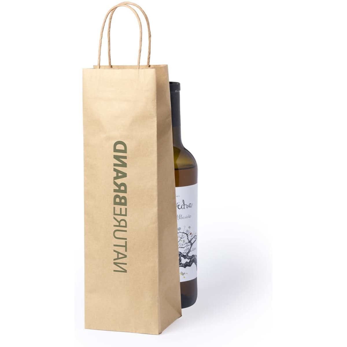 A brown paper bag with handles contains a wine bottle, featuring a logo.
