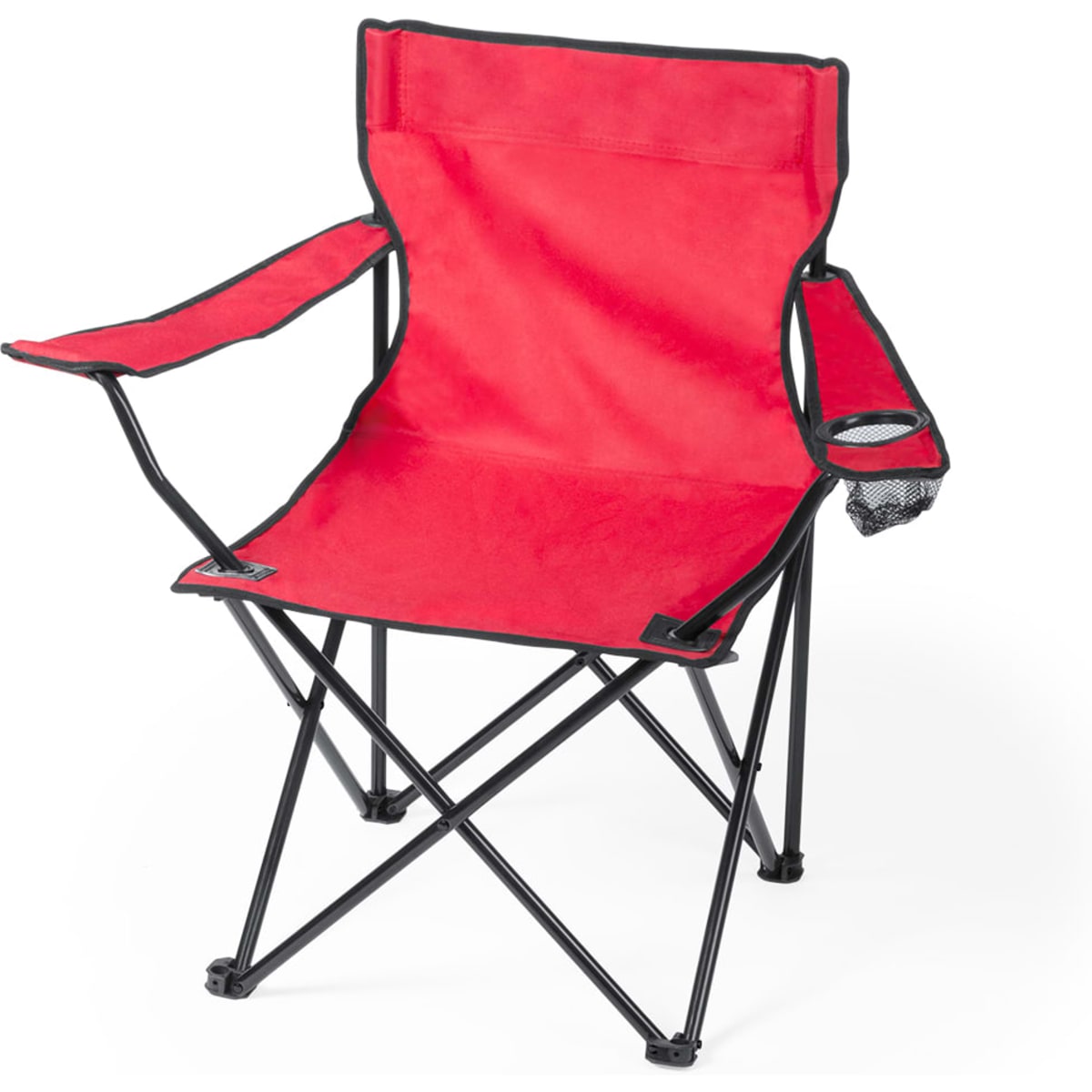 A red folding chair with black trim and a cup holder, featuring a simple and portable design.