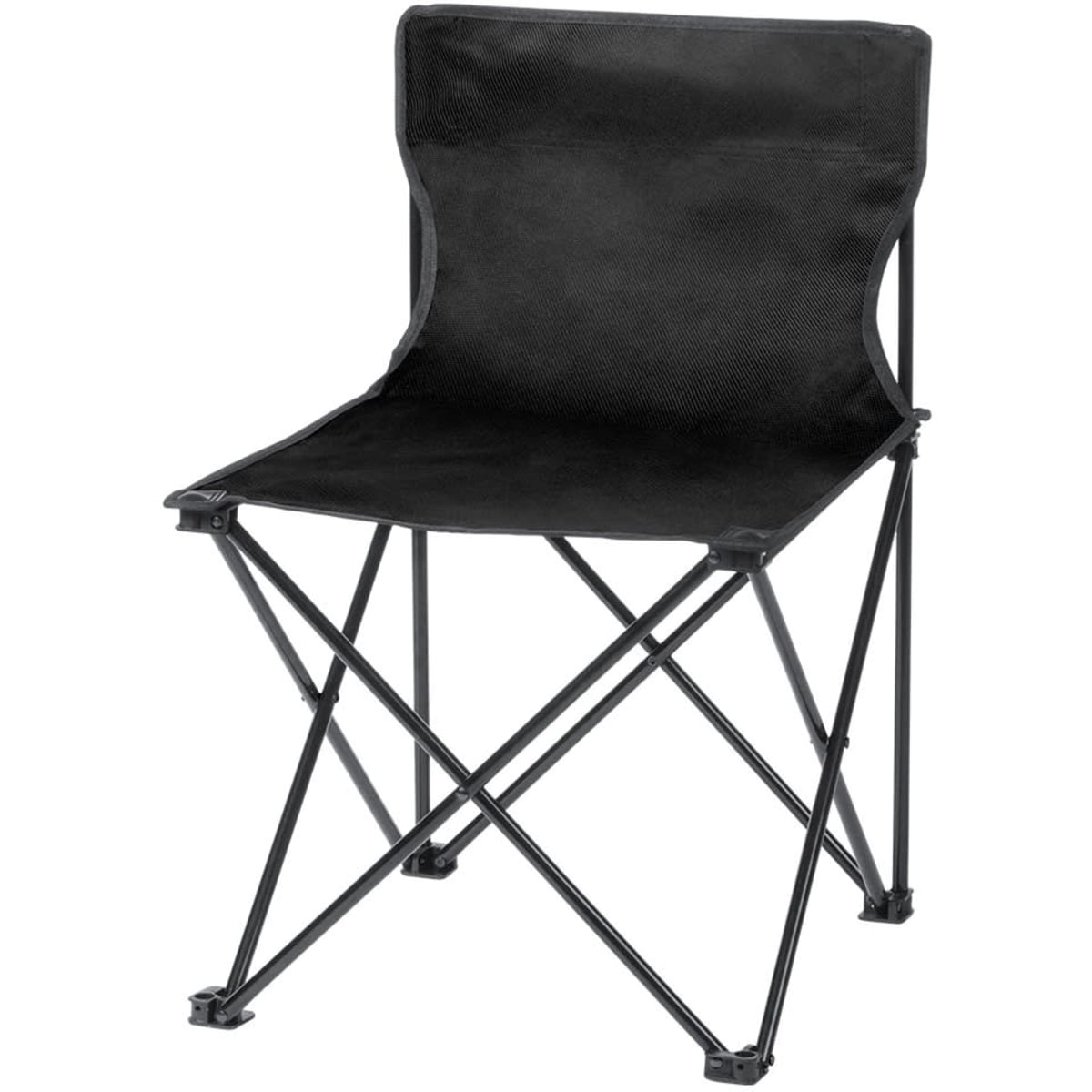 A black folding chair with a lightweight metal frame and a simple design, ideal for leisure and outdoor use.