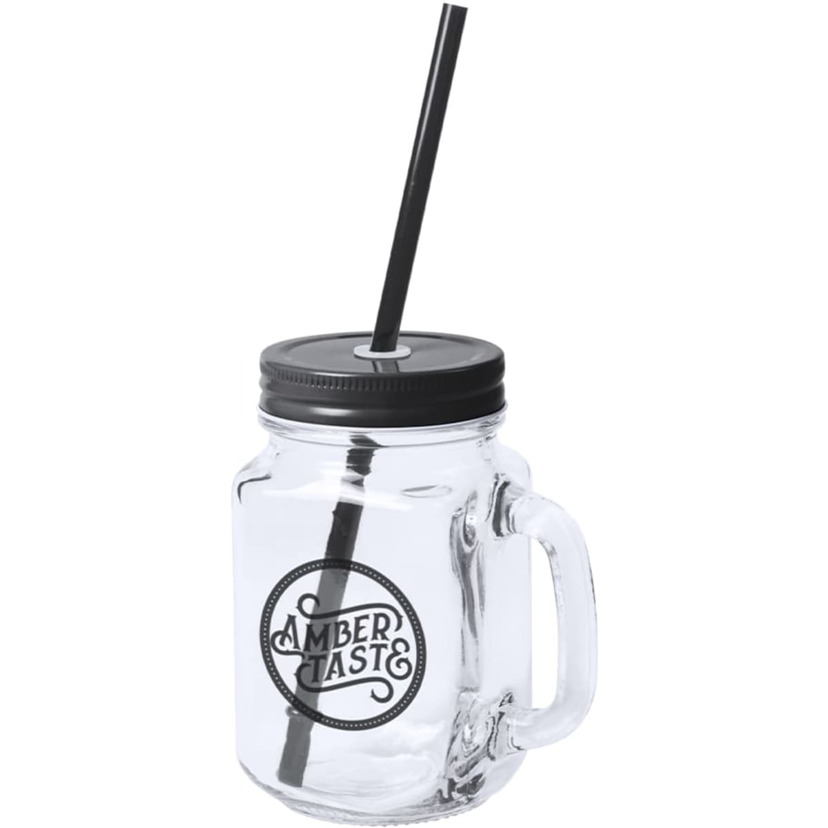 A clear glass drink bottle with a black lid and straw, featuring a logo on the front.