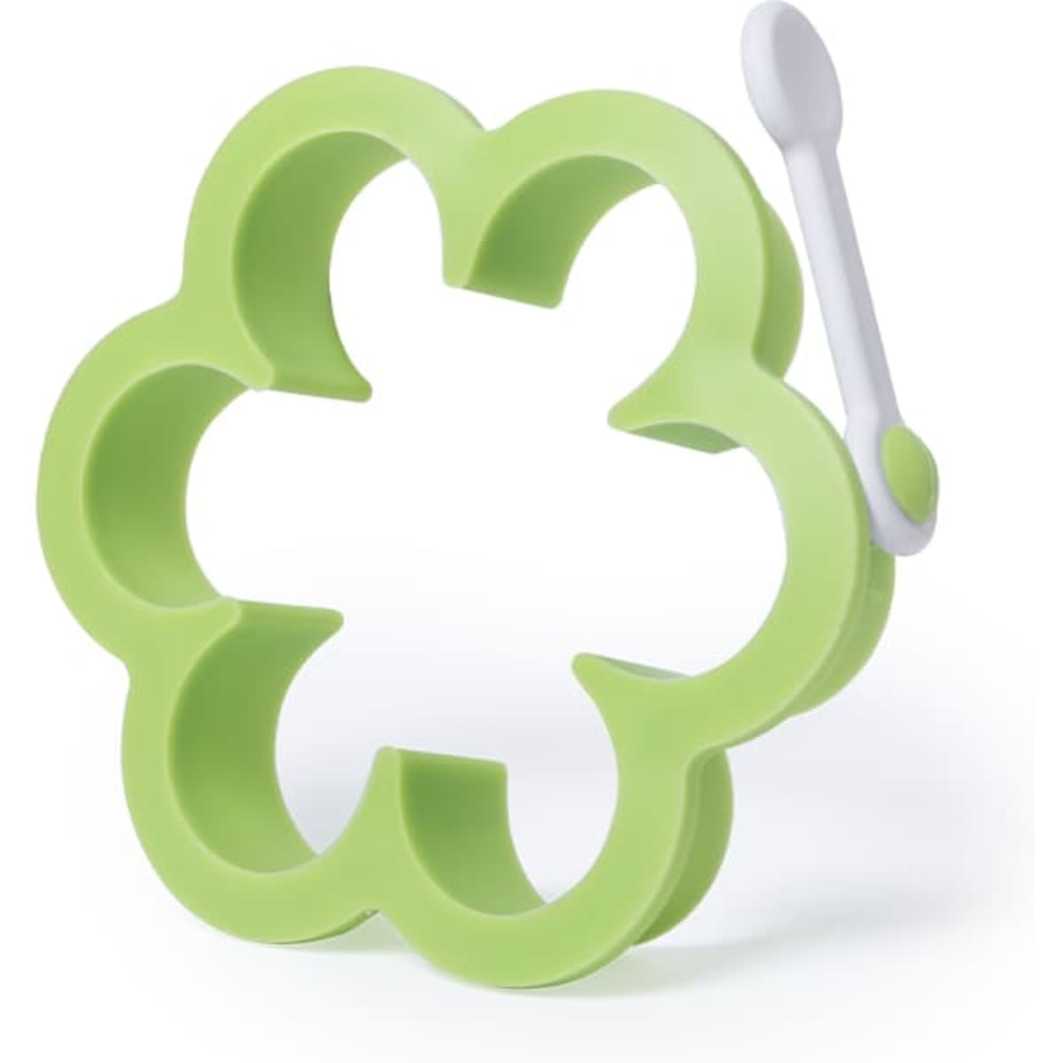A green flower-shaped cookie cutter with a white handle, designed for shaping dough.