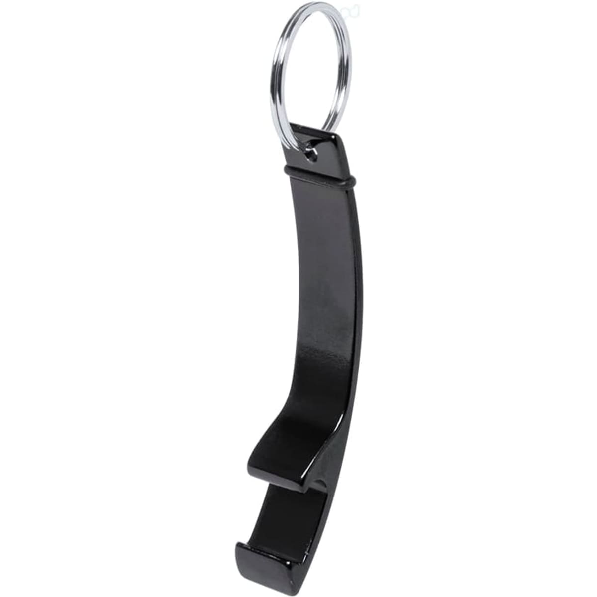 A black metal keyring with a bottle opener feature and a circular attachment ring.
