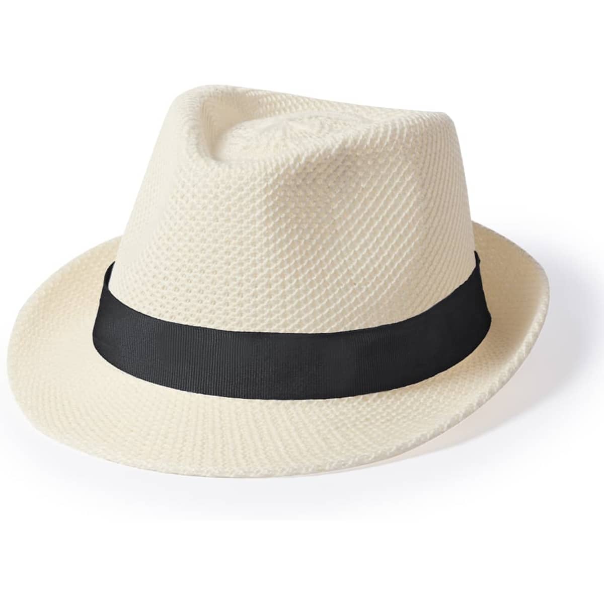 A cream fedora hat with a black band, featuring a textured design. The hat has a classic shape and style.