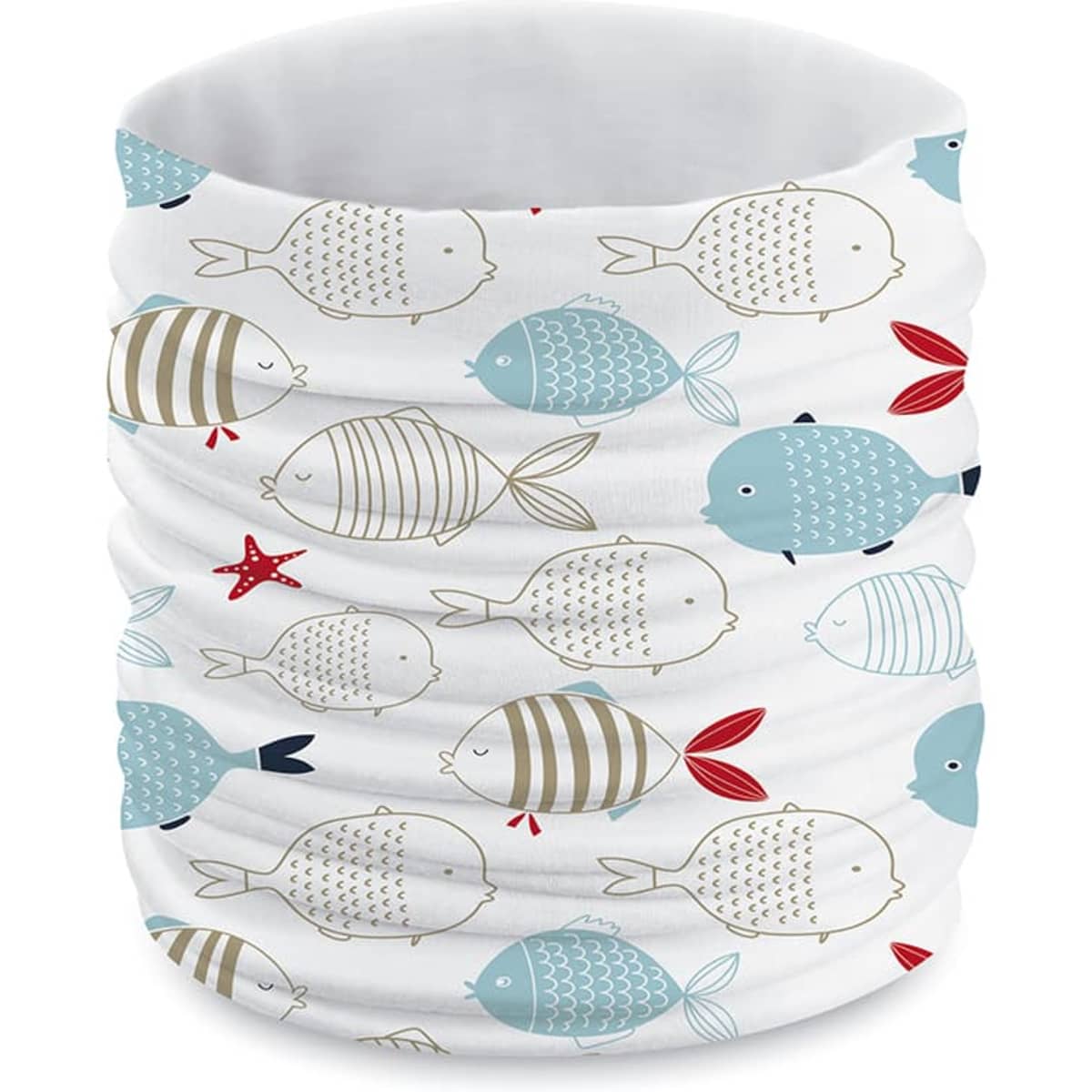 A multi-functional scarf featuring a pattern of fish in various shades of blue, grey, and red on a white background.