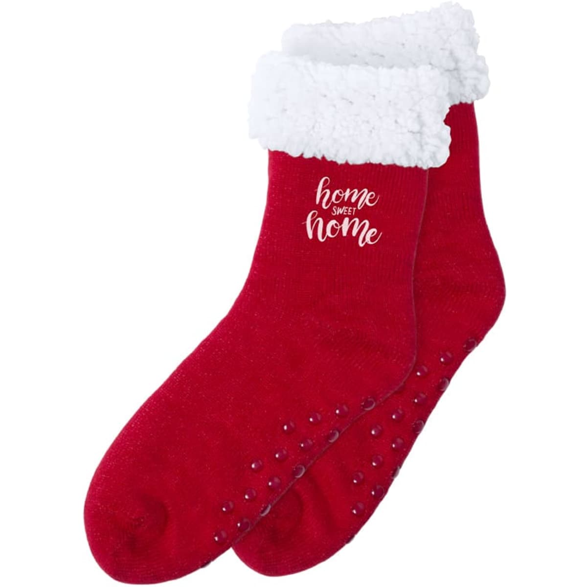 Red socks with a fluffy white cuff, featuring a logo and non-slip soles for added grip.