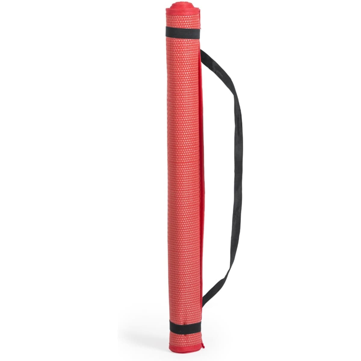 A red outdoor mat roll with a textured surface and a black carrying strap. It features a cylindrical shape.