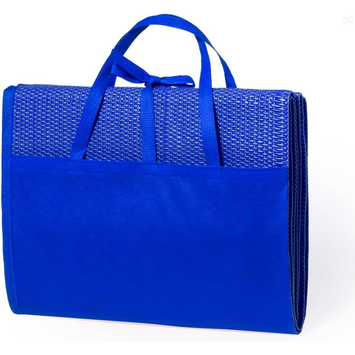 A blue beach mat with carrying handles and a textured surface, featuring a pocket on the front.