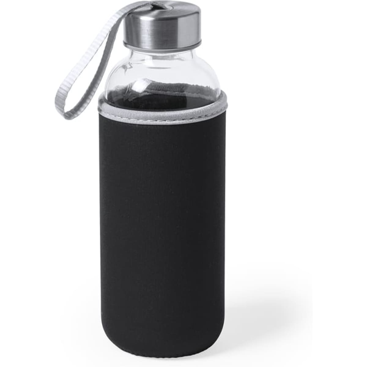 A drink bottle with a clear glass body, black neoprene sleeve, and a silver metal lid featuring a carrying strap.