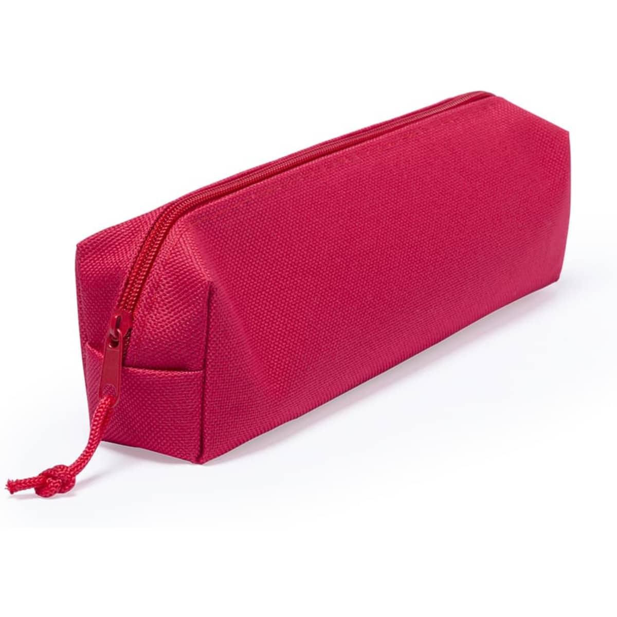 A red pencil case with a zip closure and a triangular base, featuring a branding logo.