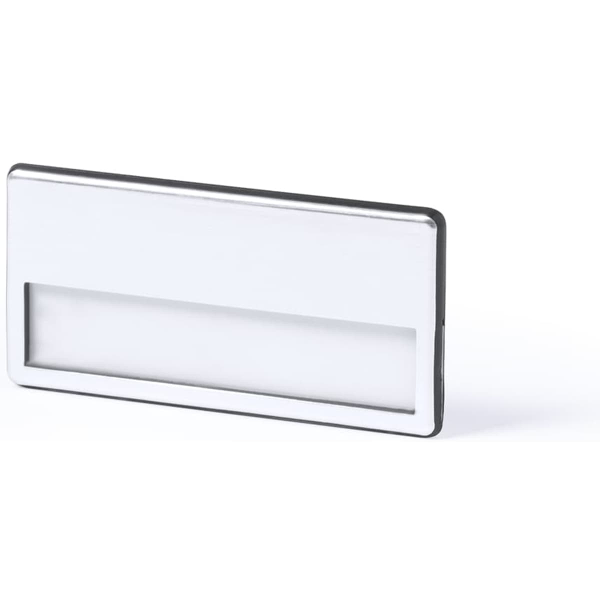 A silver name badge holder with a clear insert area. It features a polished border and a simple rectangular design.