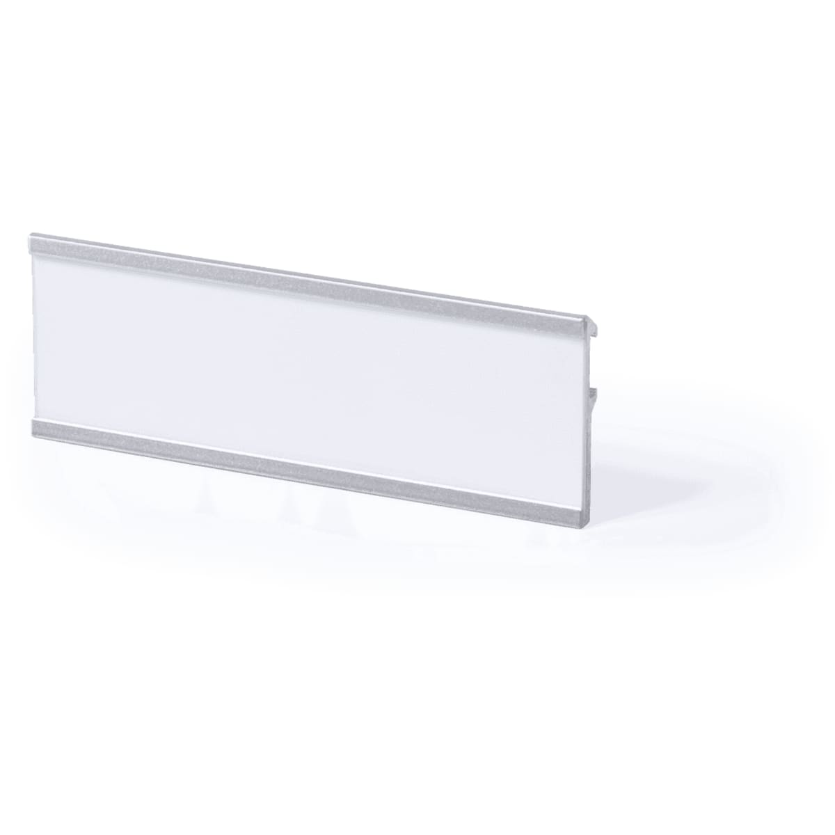 A name badge holder in silver, featuring a blank white insert for customisation.