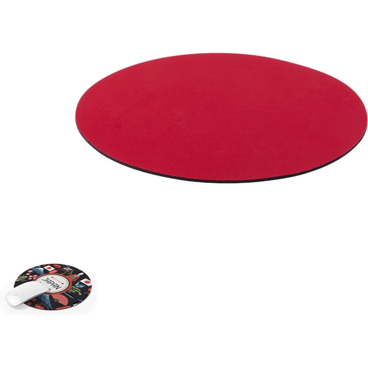 A red round mouse pad is displayed alongside a smaller circular mouse pad featuring a colourful design.