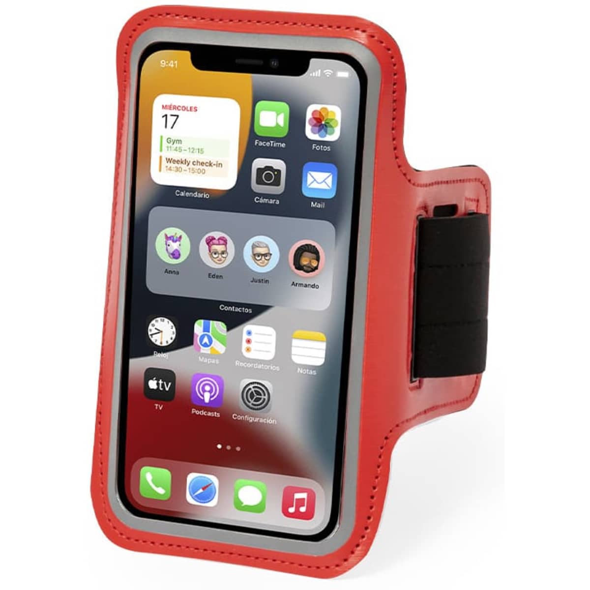 A phone armband in bright red, designed to hold a smartphone securely for outdoor activities. Features an adjustable strap.