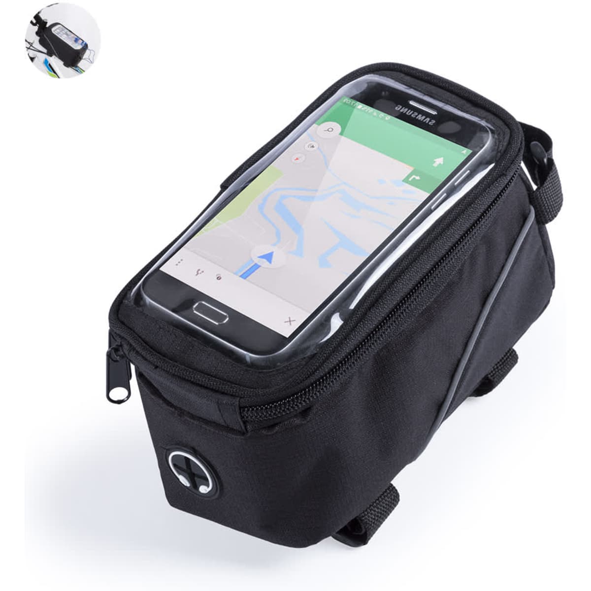 A black bike bag with a transparent phone compartment on top, featuring a zipper and a logo.