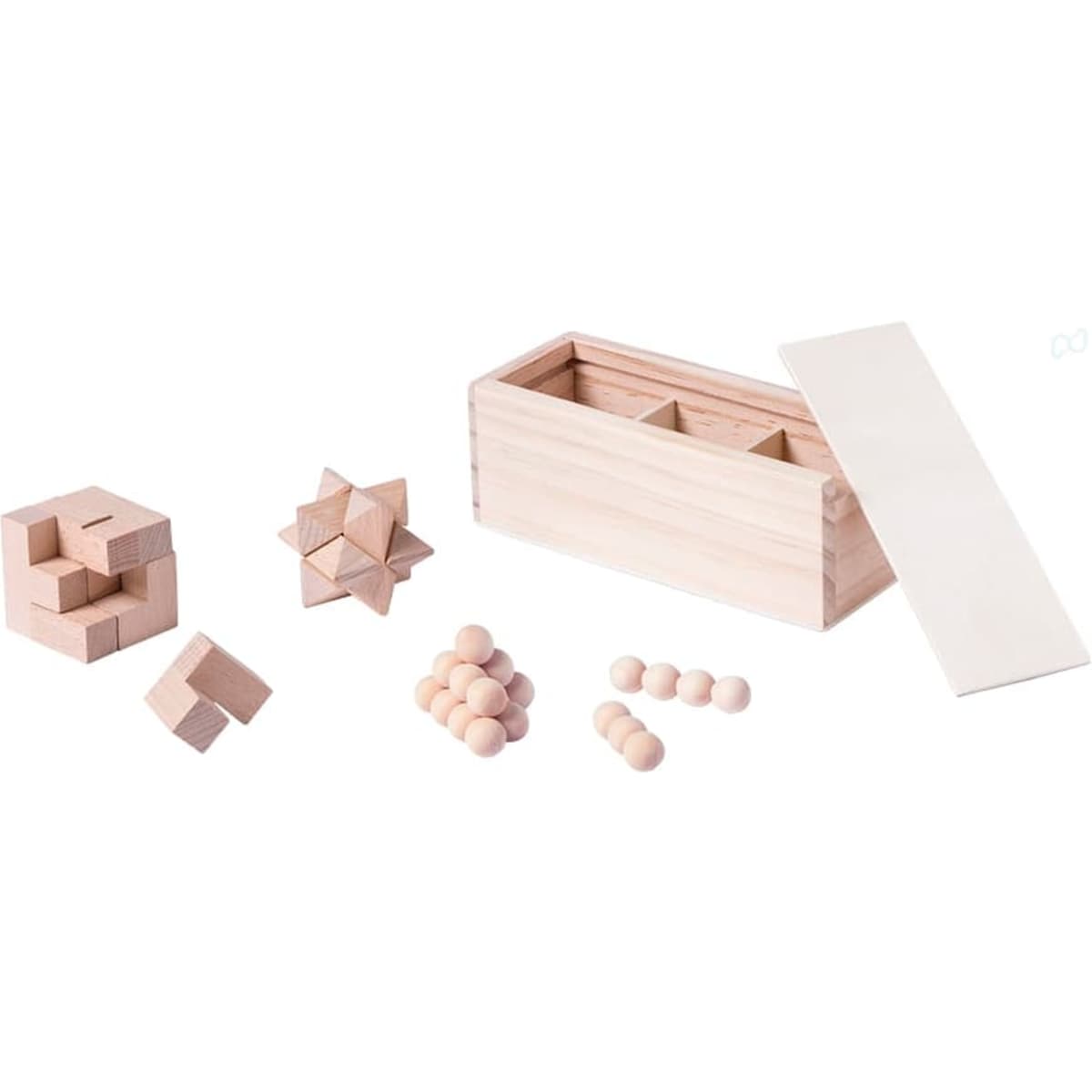 A wooden puzzle set with various shapes, including cubes and spheres, in a rectangular storage box.