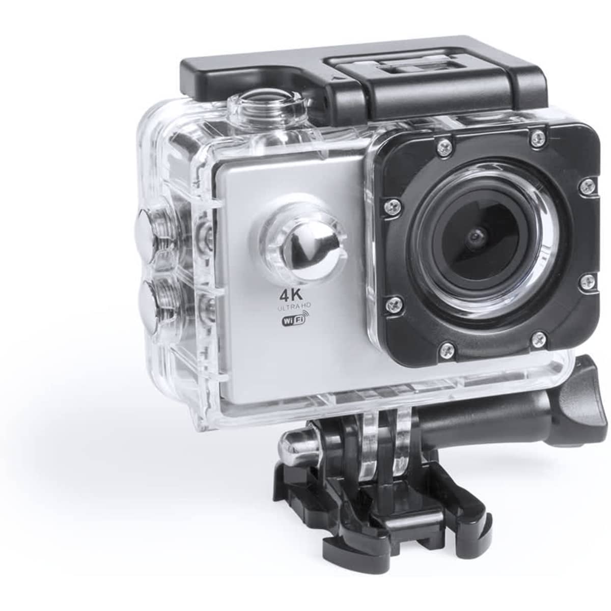 A compact 4K action camera in a clear protective case, featuring a mount for attachment.