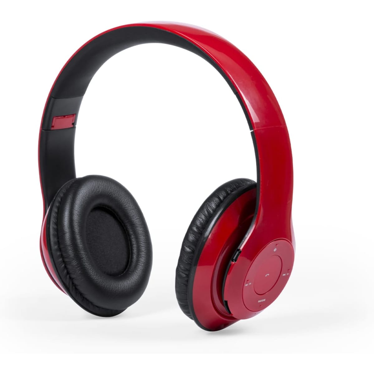 Red headphones with black ear cushions and a sleek design, featuring control buttons on the side.