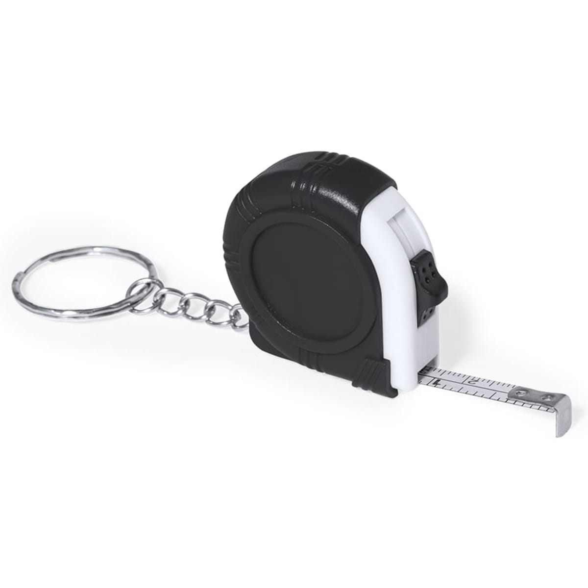 A keyring tape measure in black and white, featuring a silver chain for attachment.