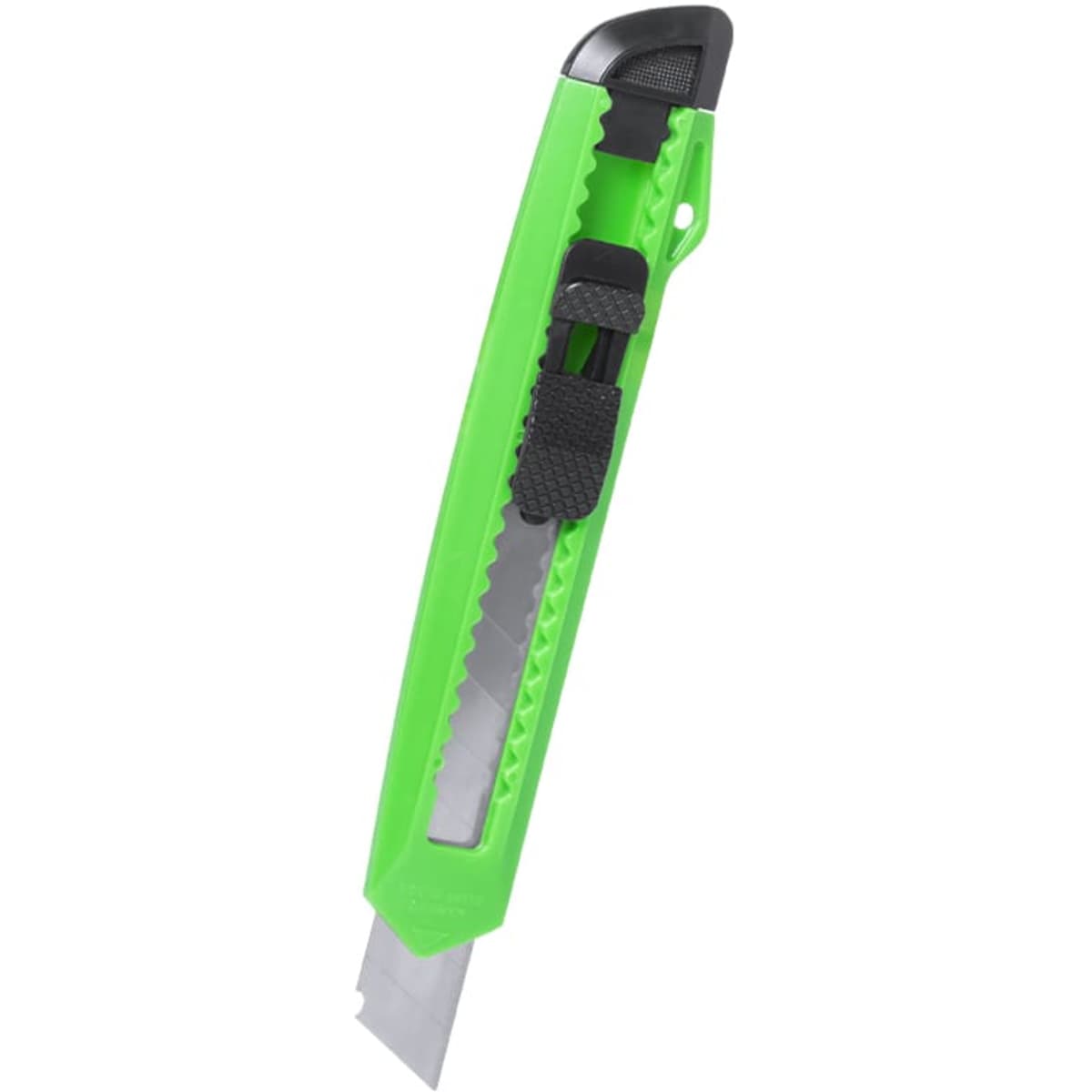 A green utility knife with a black blade guard and a retractable blade. It features a textured grip for better handling.