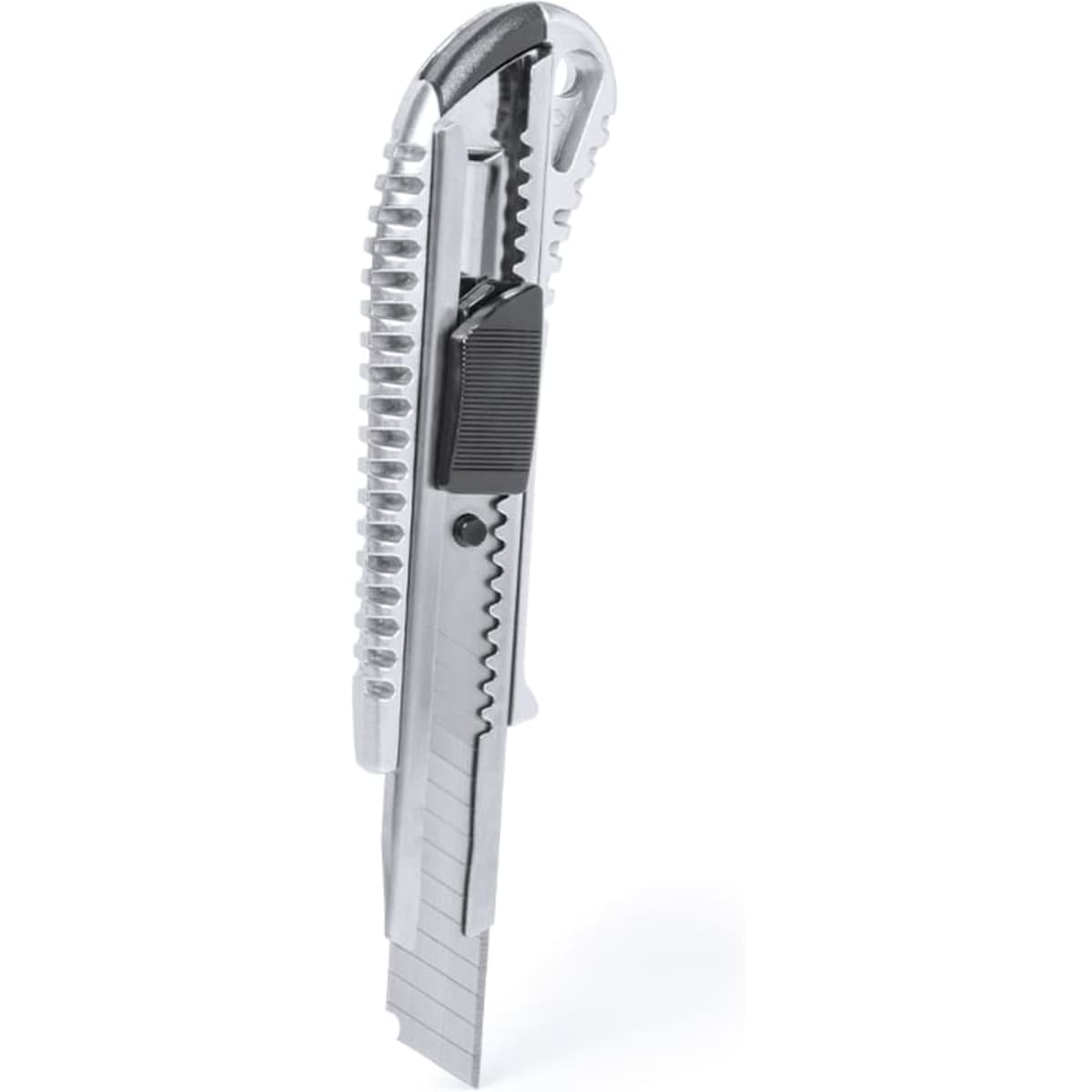 A silver utility knife with a retractable blade and textured grip, featuring a safety lock mechanism.
