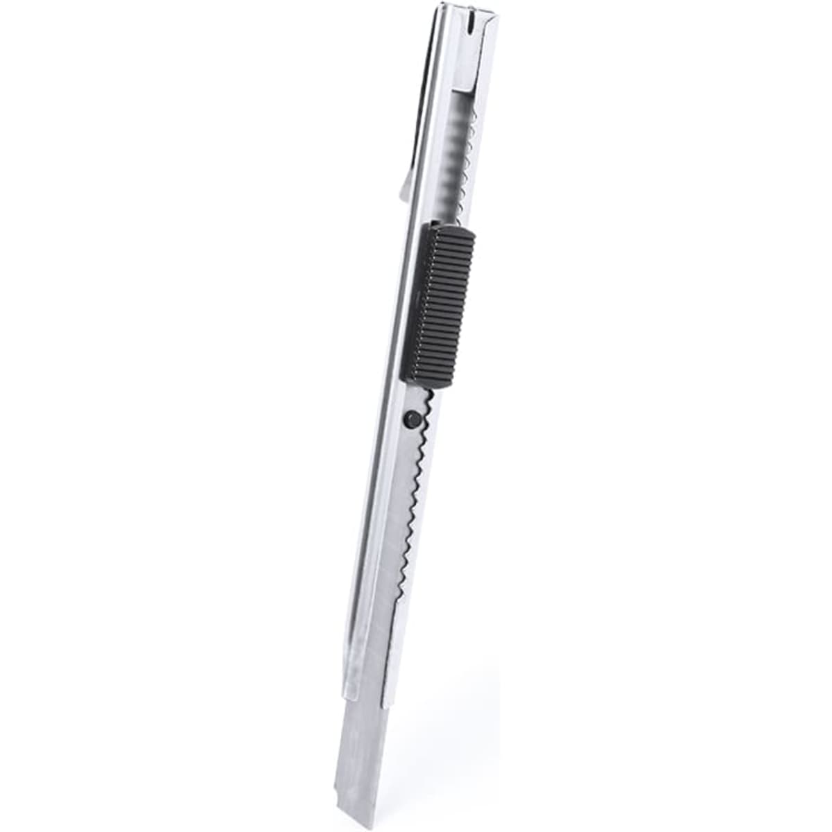 A metallic utility knife with a black rubber grip, featuring a retractable blade for cutting tasks.