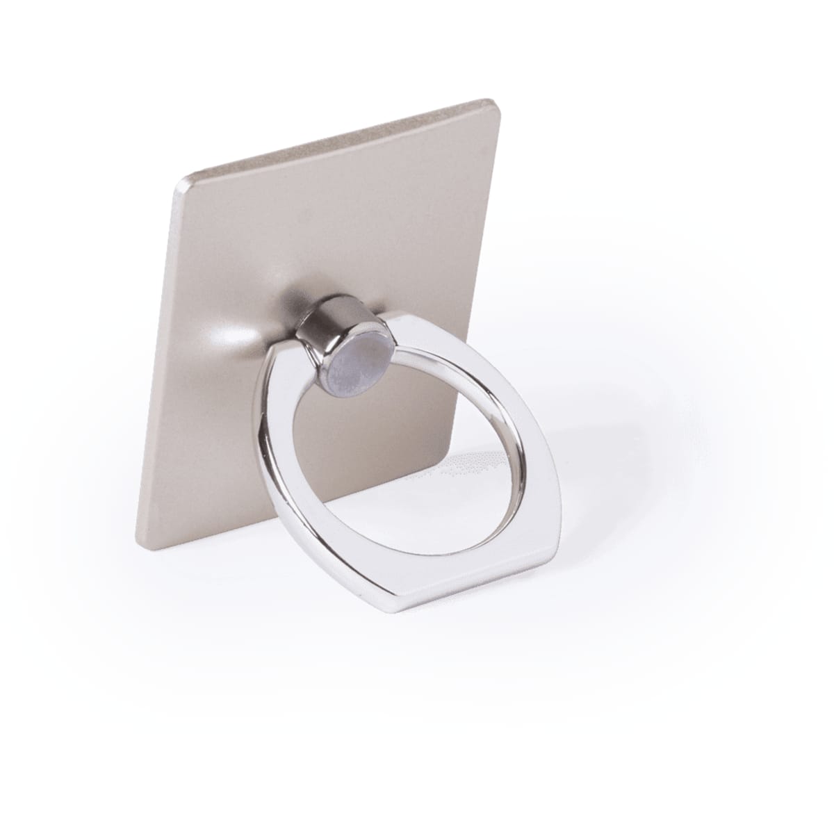 A metallic phone holder with a square backing and a circular ring for grip. The finish is silver and sleek.