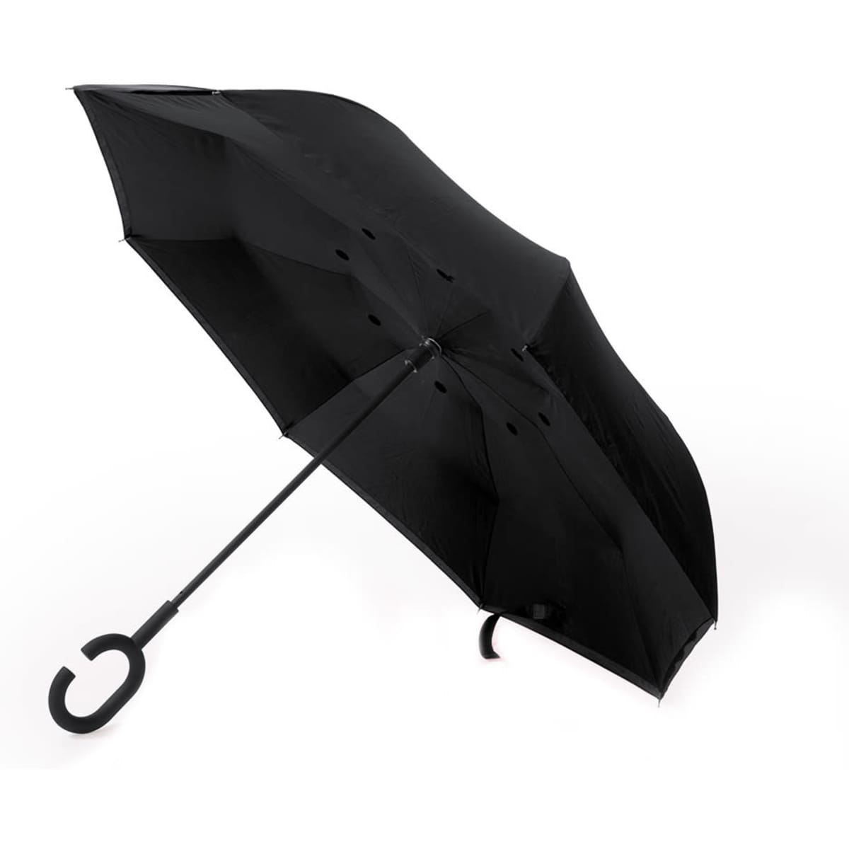 A black reversible umbrella with a curved handle and a smooth, sleek design. Features branding on the fabric.
