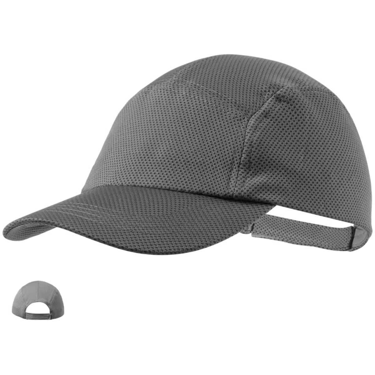 A grey cap with a mesh design and an adjustable strap at the back, featuring a logo.