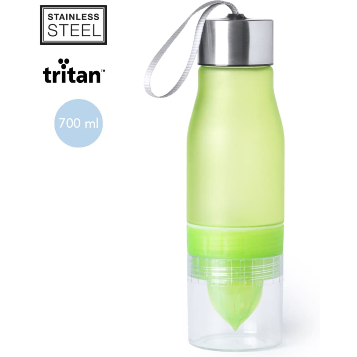 A drink bottle in green and clear, featuring a stainless steel lid, with a built-in juicer at the bottom. Holds 700 ml.