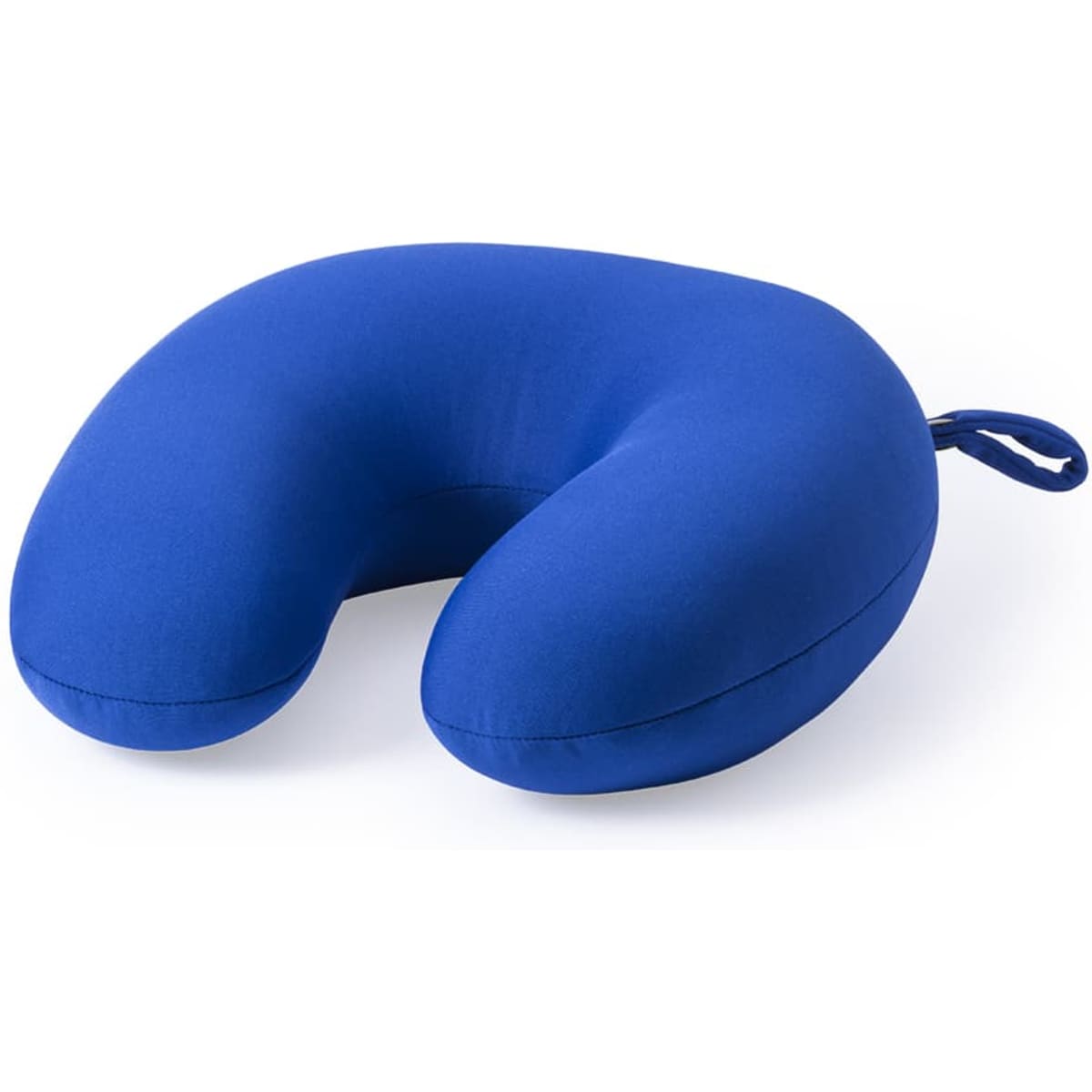 A blue neck pillow with a curved shape and a carrying handle, designed for comfort and support.
