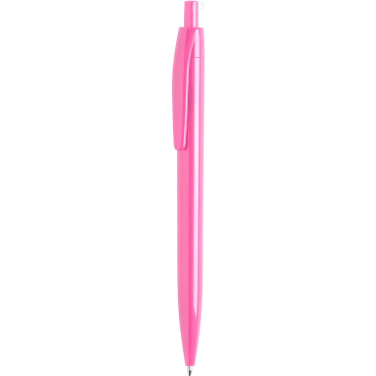 A plastic pen in vibrant pink with a clip and a pointed tip. It features a logo on its body.
