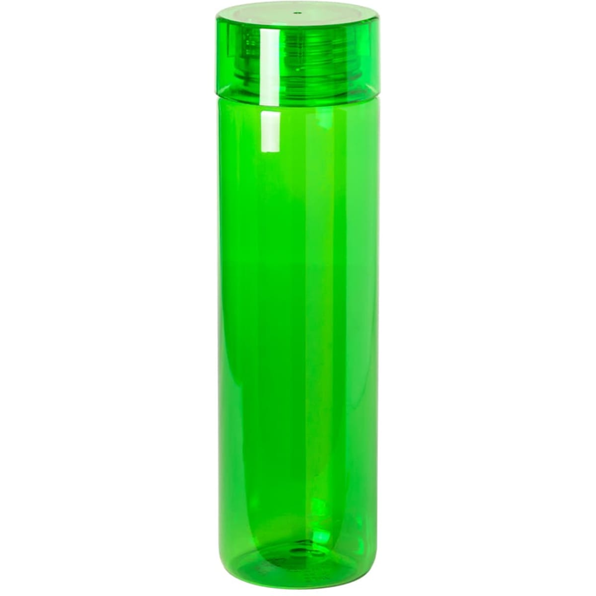 A green drink bottle with a transparent body and a matching lid. It features a branding logo.