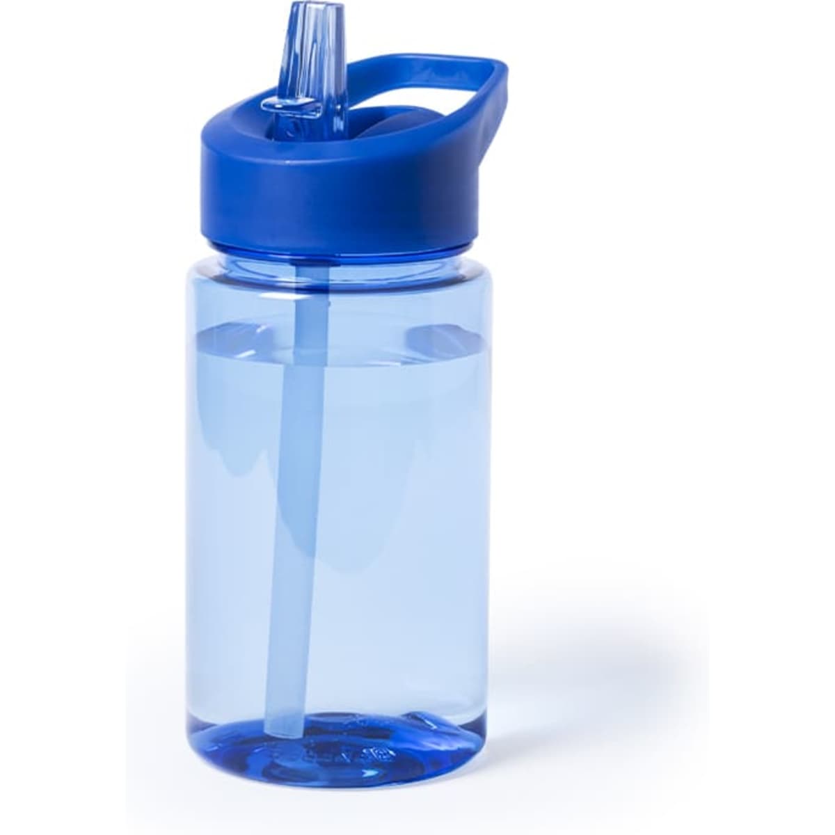 A drink bottle in transparent blue with a blue lid and straw, featuring a logo on the surface.