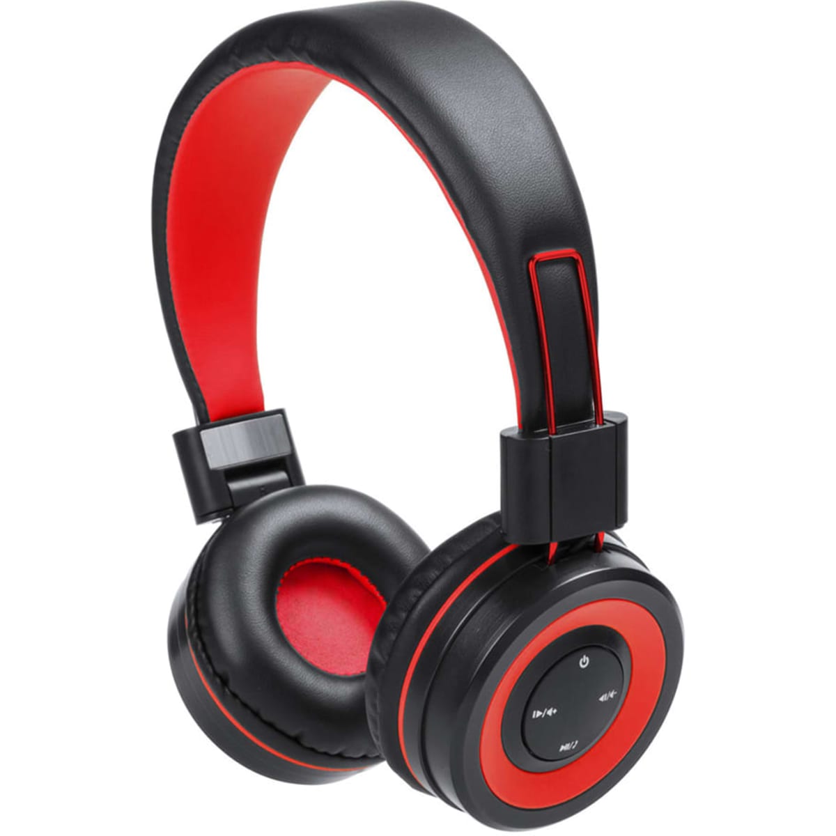 Black headphones with red accents, featuring a padded headband and ear cups, along with control buttons on one side.