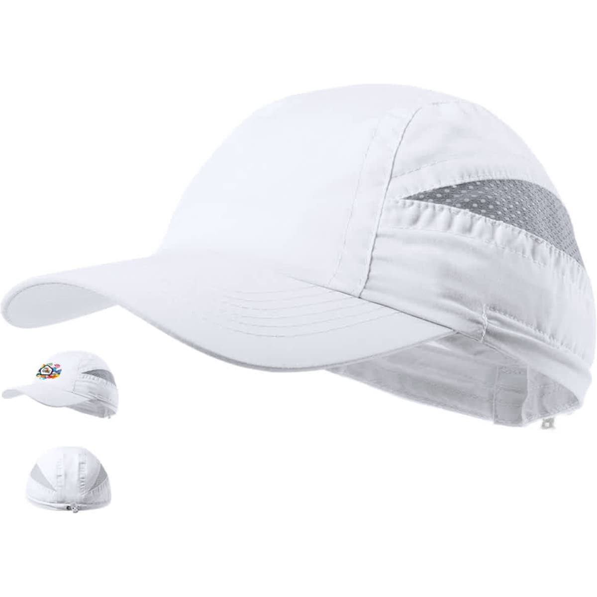 A white cap with a grey stripe and a logo, featuring a curved brim and adjustable back.